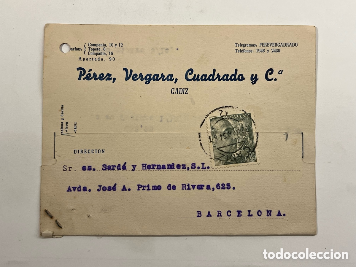 Sellos: C&Aacute;DIZ. Tarjeta postal.. P&eacute;rez, Vergara, Cuadrado y Cia. Respuesta comercial. Barcelona (a.1954)