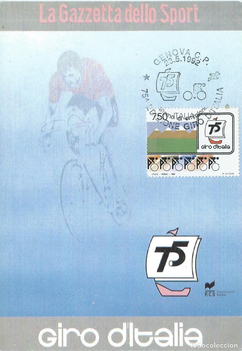 Sellos: 1992. ITALIA/ITALY. M&Aacute;XIMA/MAXIMUM CARD. 75 EDIC. GIRO. YT 1947.CICLISMO/CYCLING. DEPORTES/SPORTS.