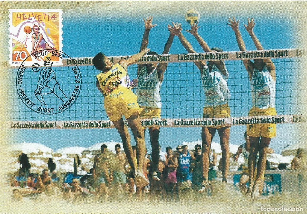 Sellos: 1998. SUIZA/SWITZERLAND. M&Aacute;XIMA/MAXIMUM CARD. VOLEIBOL/VOLLEYBALL. YVERT 1590. DEPORTES/SPORTS.