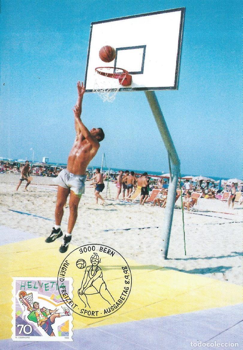 Sellos: 1998. SUIZA/SWITZERLAND. M&Aacute;XIMA/MAXIMUM CARD. BALONCESTO/STREETBALL. YVERT 1589. DEPORTES/SPORTS.