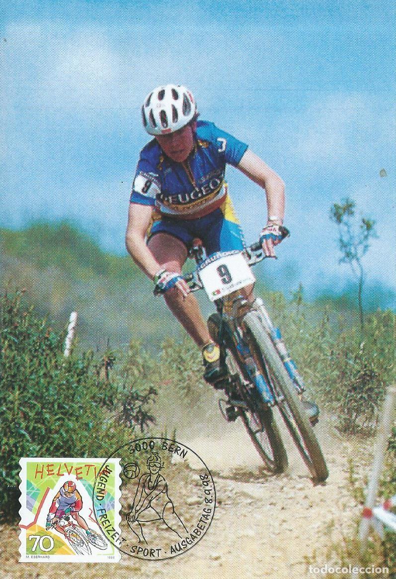 Sellos: 1998. SUIZA/SWITZERLAND. M&Aacute;XIMA/MAXIMUM CARD. CICLISMO BTT/MOUNTAIN BIKING. YT 1588. DEPORTES/SPORTS