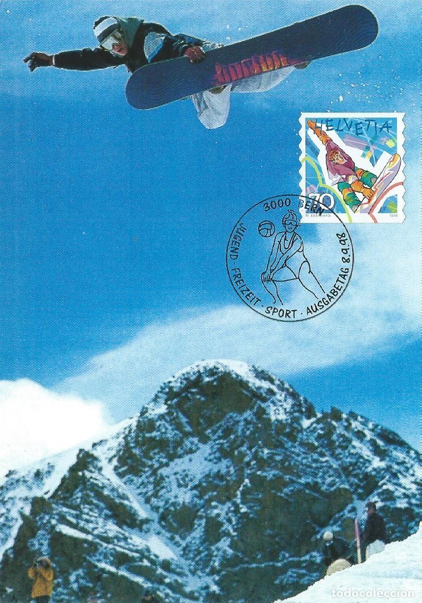 Sellos: 1998. SUIZA/SWITZERLAND. M&Aacute;XIMA/MAXIMUM CARD. SNOWBOARD. YT 1587. DEPORTES/SPORTS