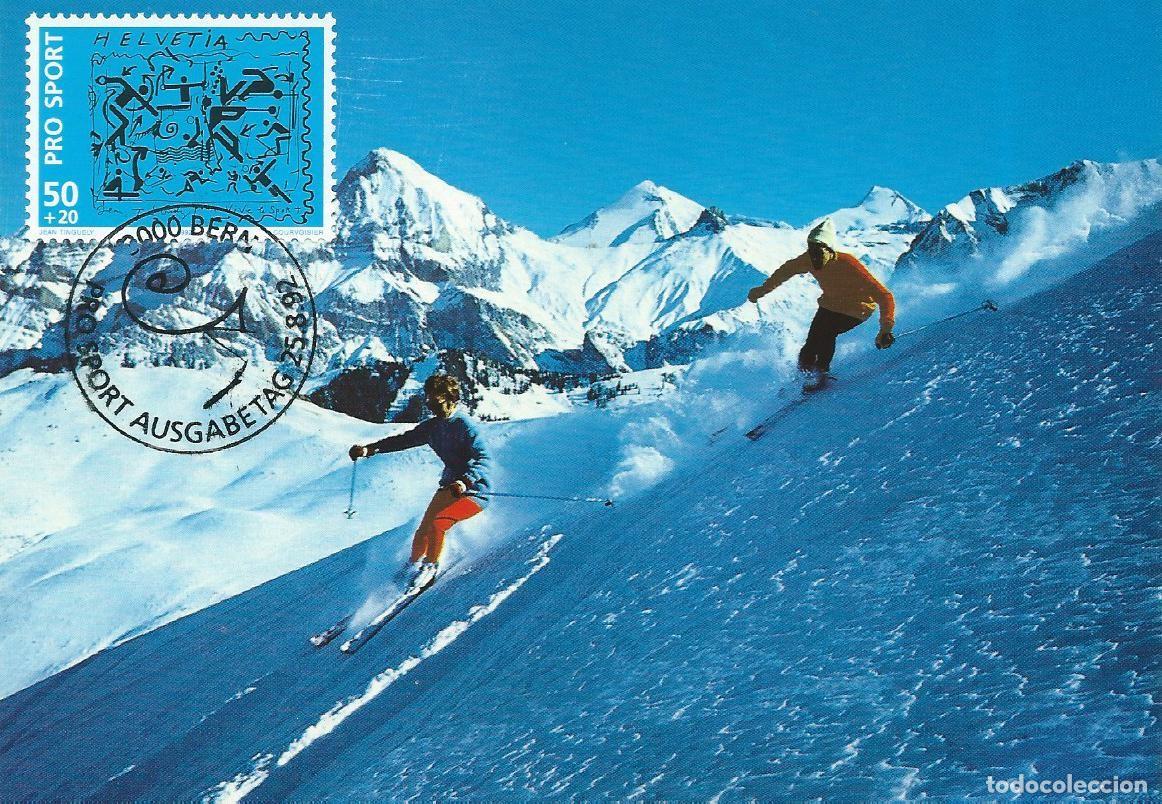 Sellos: 1992. SUIZA/SWITZERLAND. M&Aacute;XIMA/MAXIMUM CARD. PRO-SPORT. ESQU&Iacute;. SKIING. YT 1410. DEPORTES/SPORTS.