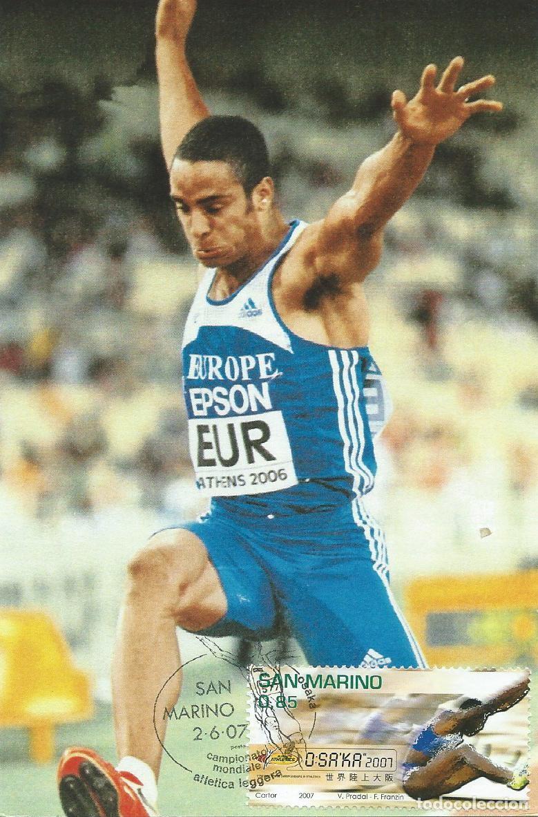 Sellos: 2007. SAN MARINO. M&Aacute;XIMA/MAXIMUM CARD. ATLETISMO/ATHLETICS. SALTO LONGITUD. YT 2098. DEPORTES/SPORTS