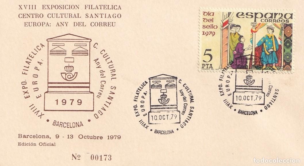 Sellos: Tarjeta Barcelona 1979 - XVIII Exposici&oacute;n Filat&eacute;lica Centro Cultural Santiago Europa Any del Correu