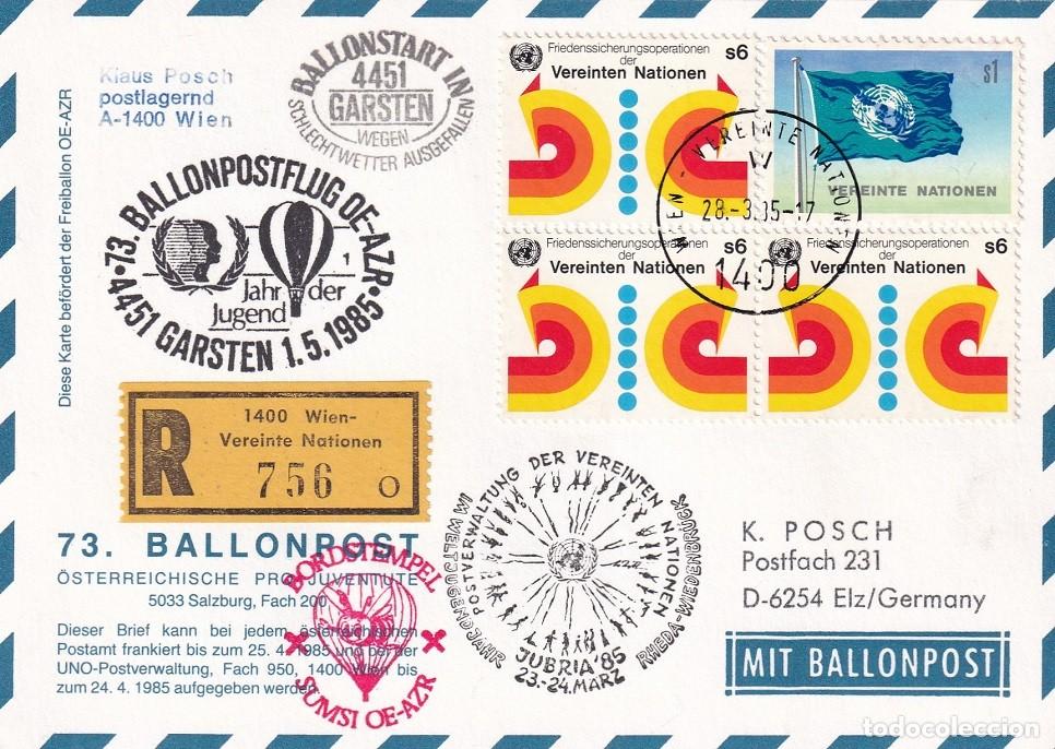 Sellos: Tarjeta Austria 1985 Aniversario Vuelo en Globo 73 Ballonpostflug - Milenario Garsten - ONU - Escasa