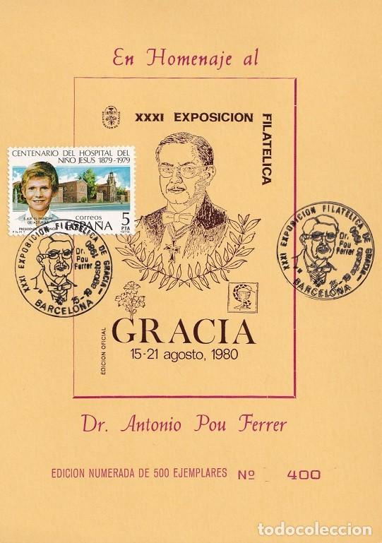 Sellos: Tarjeta 1980 En Homenaje al Dr. Antonio Pou Ferrer - XXXI Exposici&oacute;n Filat&eacute;lica Gracia - N&ordm; 400/500