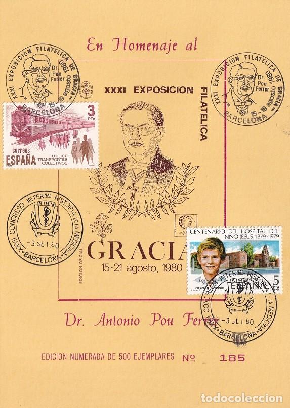 Sellos: Tarjeta 1980 En Homenaje al Dr. Antonio Pou Ferrer - XXXI Exposici&oacute;n Filat&eacute;lica Gracia - N&ordm; 185/500