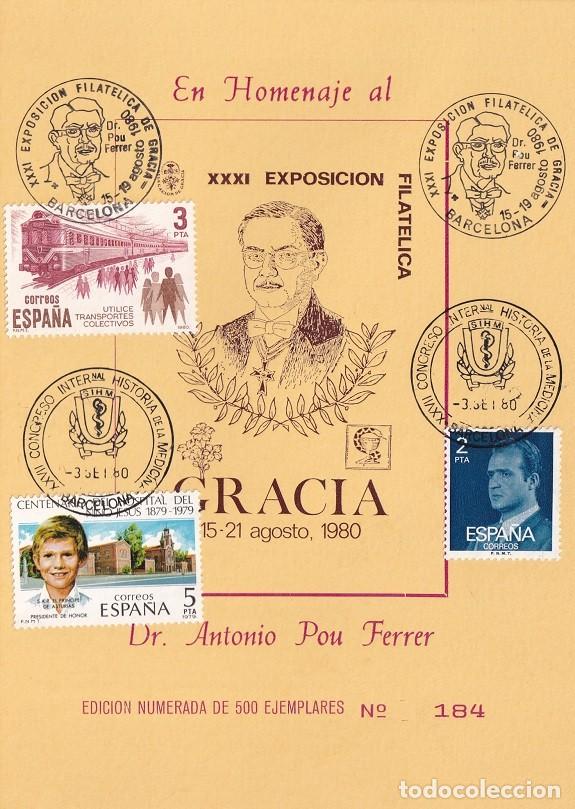 Sellos: Tarjeta 1980 En Homenaje al Dr. Antonio Pou Ferrer - XXXI Exposici&oacute;n Filat&eacute;lica Gracia - N&ordm; 184/500