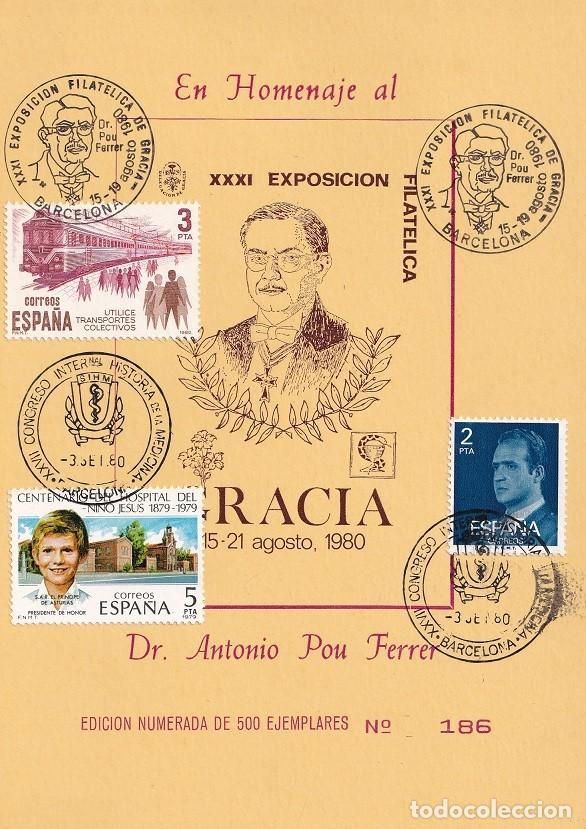 Sellos: Tarjeta 1980 En Homenaje al Dr. Antonio Pou Ferrer - XXXI Exposici&oacute;n Filat&eacute;lica Gracia - N&ordm; 186/500