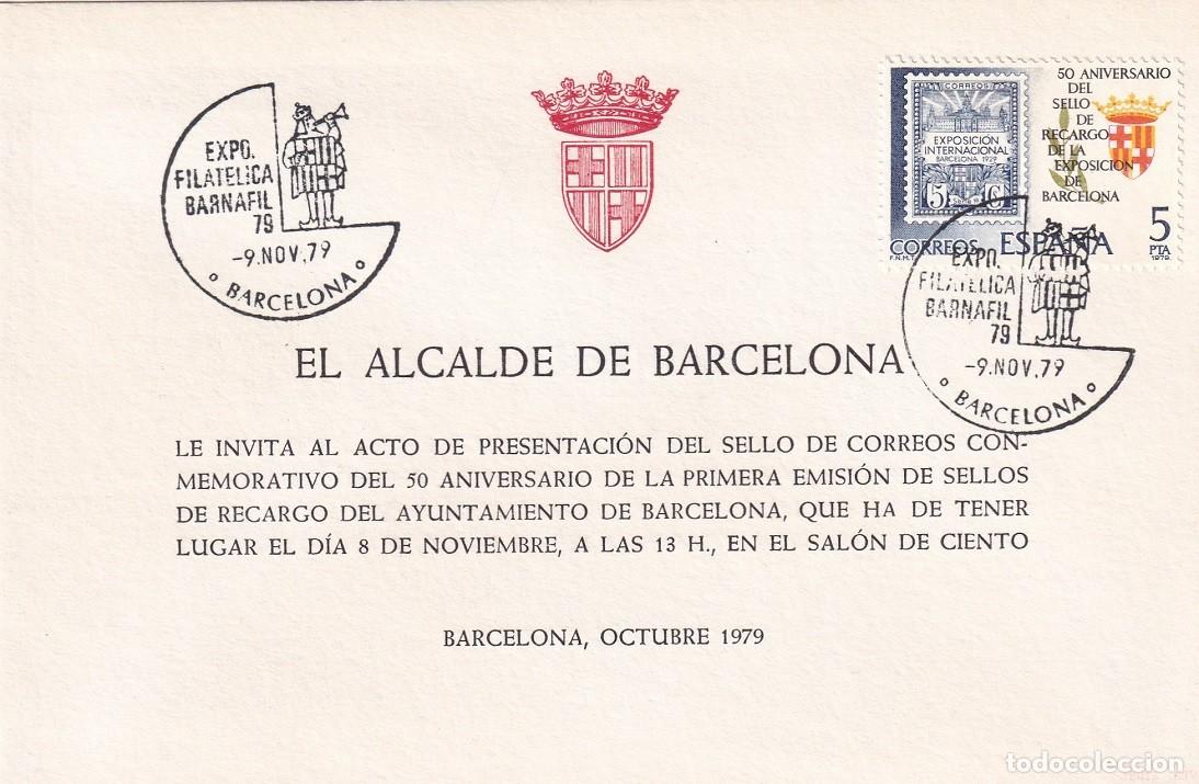 Sellos: Barnafil, Invitaci&oacute;n Alcalde de Barcelona 1979 a presentaci&oacute;n sello 50 Aniversario sellos de recargo