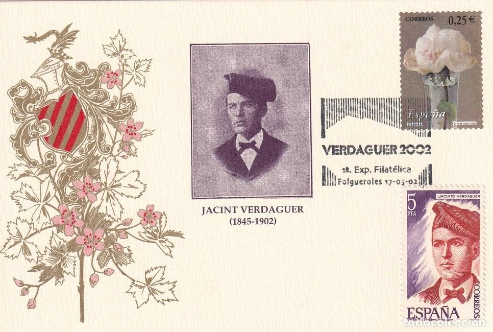 Sellos: Tarjeta Folgueroles 2002 - 1&ordf; Exposici&oacute;n Filat&eacute;lica Jacint Verdaguer 1845-1902, La flor y el paisaje