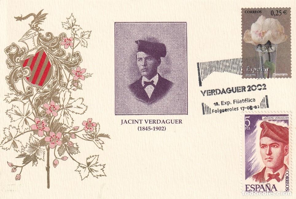 Sellos: Tarjeta Folgueroles 2002 - 1&ordf; Exposici&oacute;n Filat&eacute;lica Jacint Verdaguer 1845-1902, La flor y el paisaje