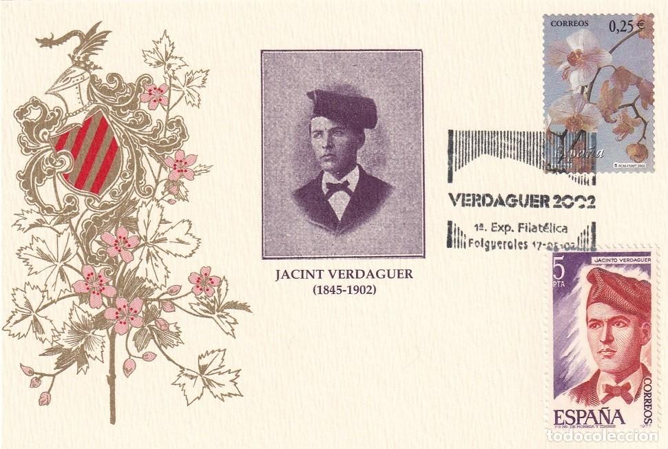 Sellos: Tarjeta Folgueroles 2002 - 1&ordf; Exposici&oacute;n Filat&eacute;lica Jacint Verdaguer 1845-1902, La flor y el paisaje