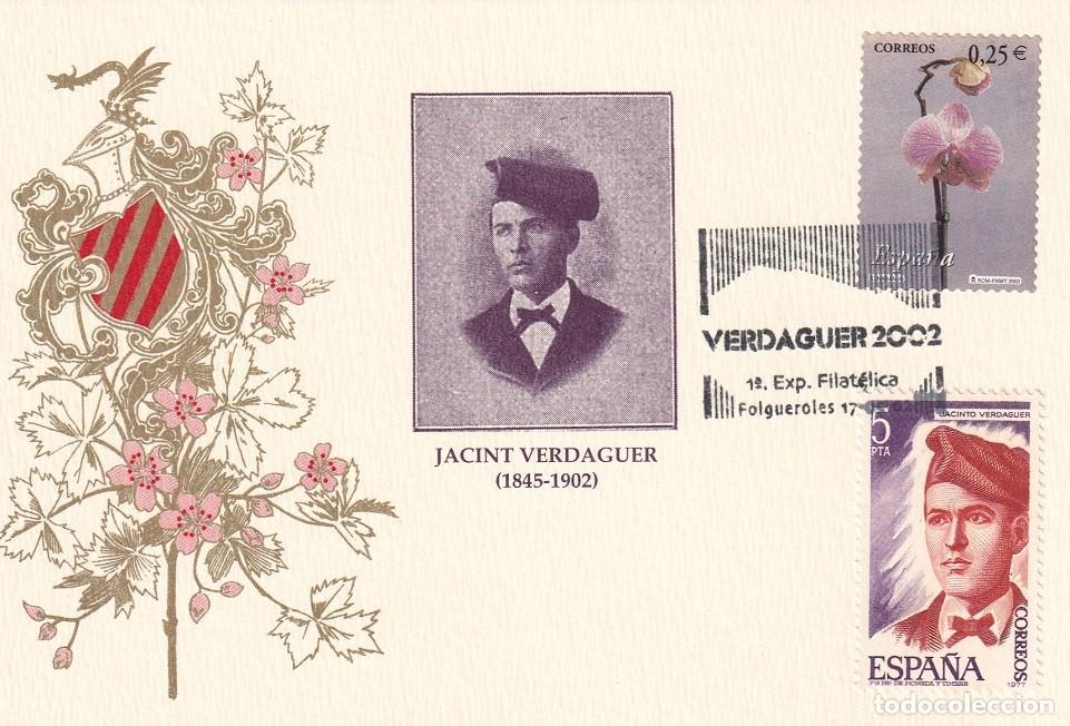 Sellos: Tarjeta Folgueroles 2002 - 1&ordf; Exposici&oacute;n Filat&eacute;lica Jacint Verdaguer 1845-1902, La flor y el paisaje