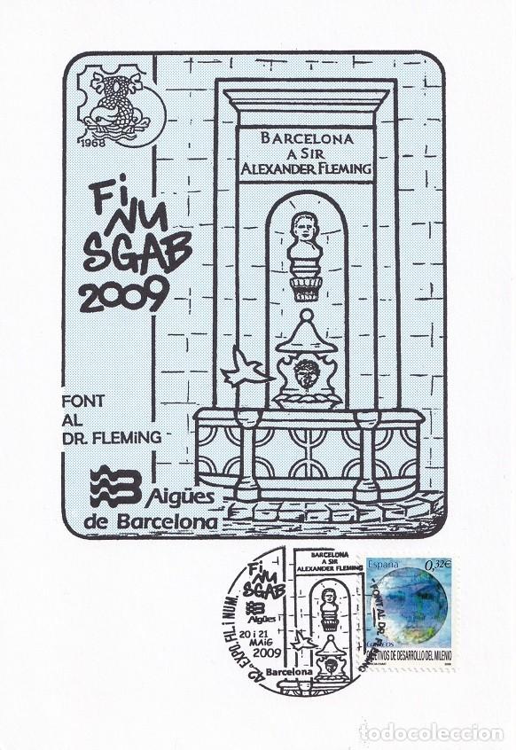 Sellos: Tarjeta Finusgab 2009 - Barcelona a Sir Alexander Fleming - Font al Dr. Fleming - Aig&uuml;es Barcelona