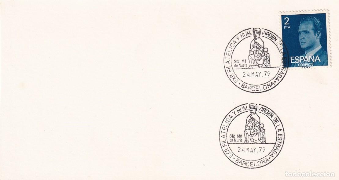 Sellos: Tarjeta Barcelona 1979 Exposici&oacute;n Filat&eacute;lica y Numism&aacute;tica - Virgen de la Estrada - Sta. M&ordf; de Nuria