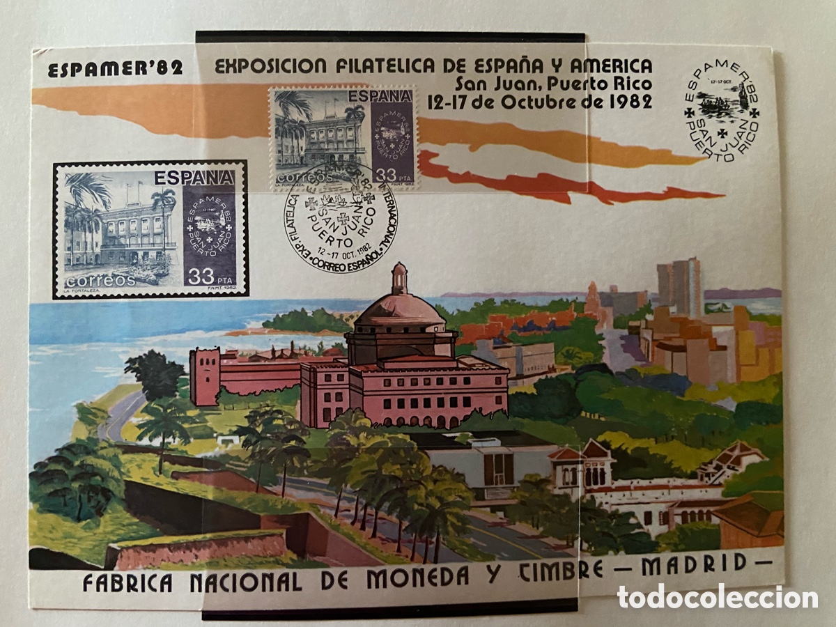 Sellos: ESPAMER 82.PUERTO RICO. TARJETA FNMT. MATASELLOS PRIMER D&Iacute;A.
