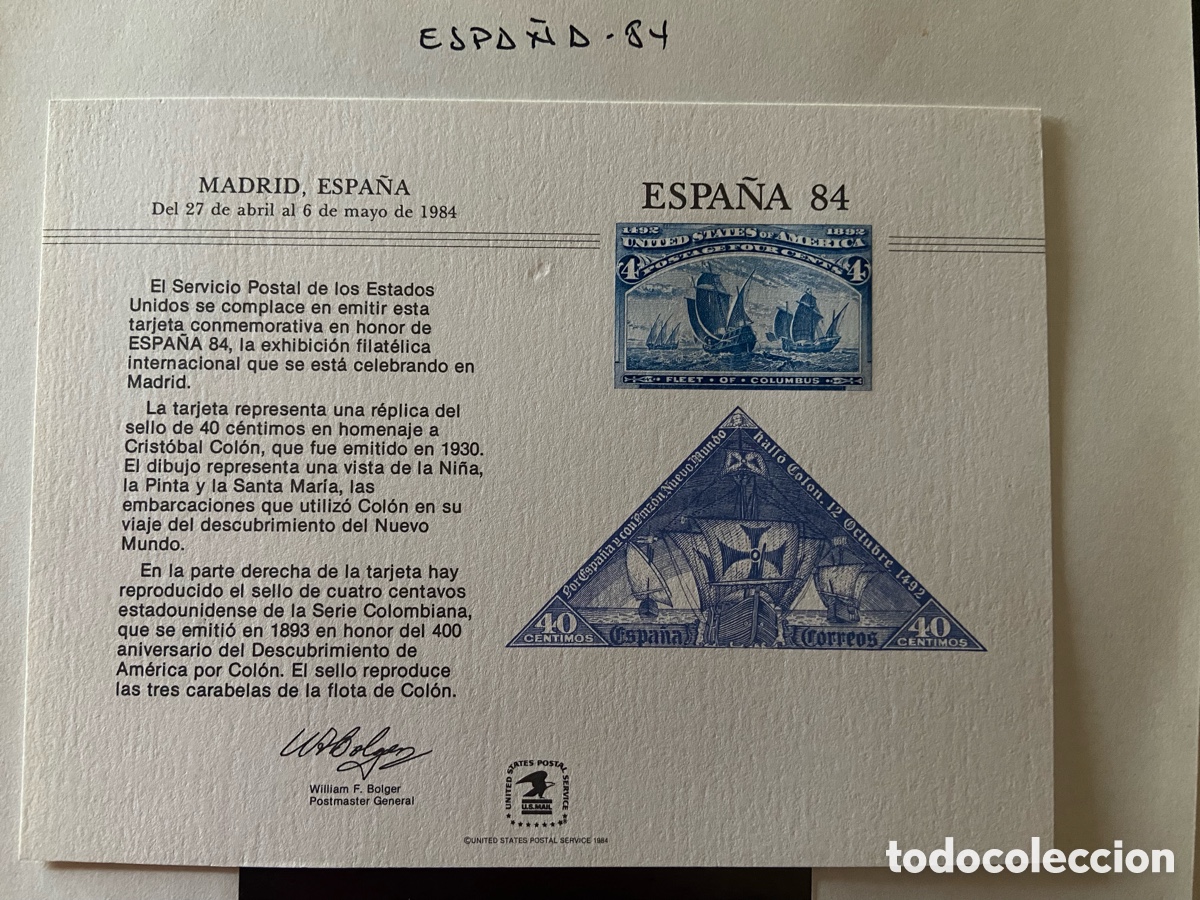Sellos: TARJETA CONMEMORATIVA. ESPA&Ntilde;A 84 CRIST&Oacute;BAL COLON