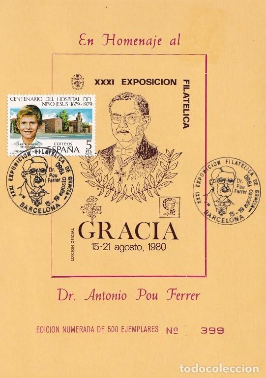 Sellos: Tarjeta 1980 En Homenaje al Dr. Antonio Pou Ferrer - XXXI Exposici&oacute;n Filat&eacute;lica Gracia - N&ordm; 399/500