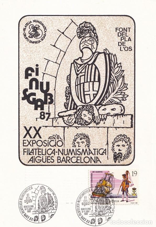 Sellos: Tarjeta Finusgab 1987 Font del Pla de l'os Aig&uuml;es Barcelona - XX Exposici&oacute; filat&egrave;lica i numism&agrave;tica
