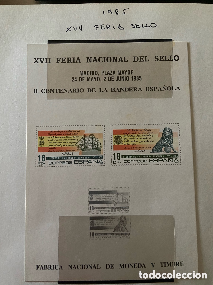 Sellos: TARJETA FNMT DE LA XVII FERIA NACIONAL DEL SELLO 1985. II CENTEN.BANDERA ESPA&Ntilde;OLA. NUEVA.