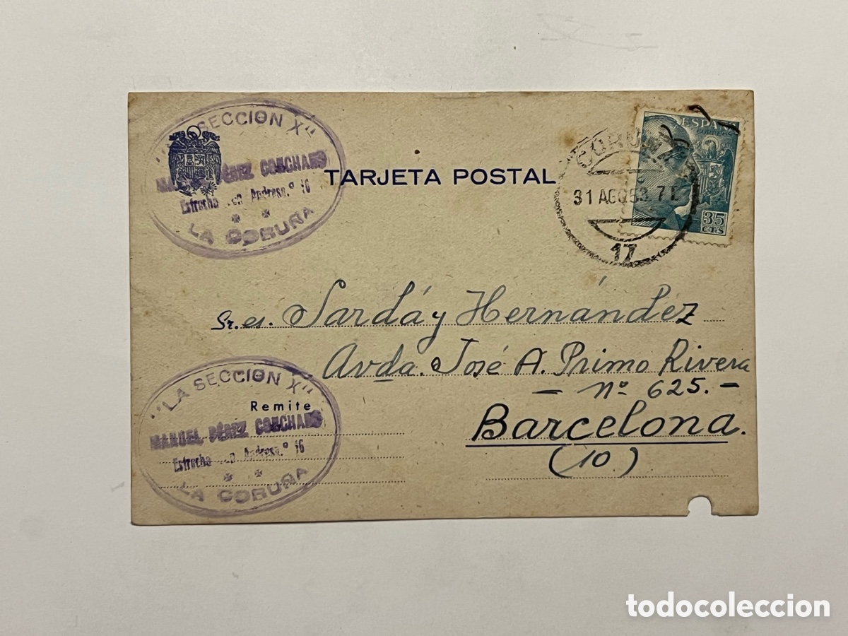 Selos: LA CORU&Ntilde;A - BARCELONA. Tarjeta Postal. Respuesta comercial (a.1953) circulada