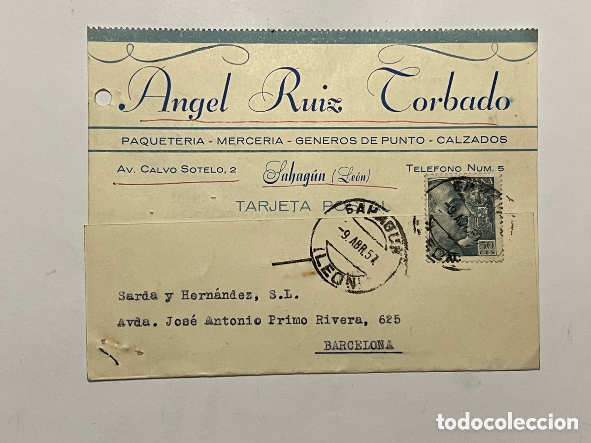 Sellos: SAHAGUN, Le&oacute;n - BARCELONA Tarjeta Postal. Respuesta comercial (a.1957) circulada