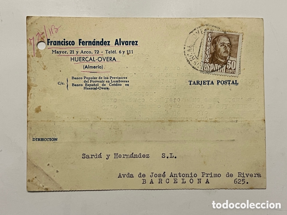 Sellos: HUERCAL-OVERA, Almer&iacute;a - BARCELONA Tarjeta Postal. Respuesta comercial (a.1956) circulada