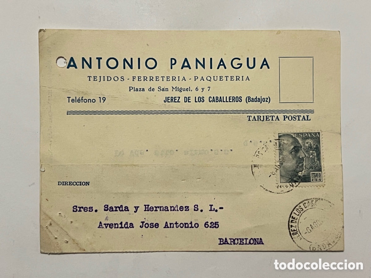 Sellos: JEREZ DE LOS CABALLEROS, Badajoz - BARCELONA Tarjeta Postal. Respuesta comercial (a.1954)