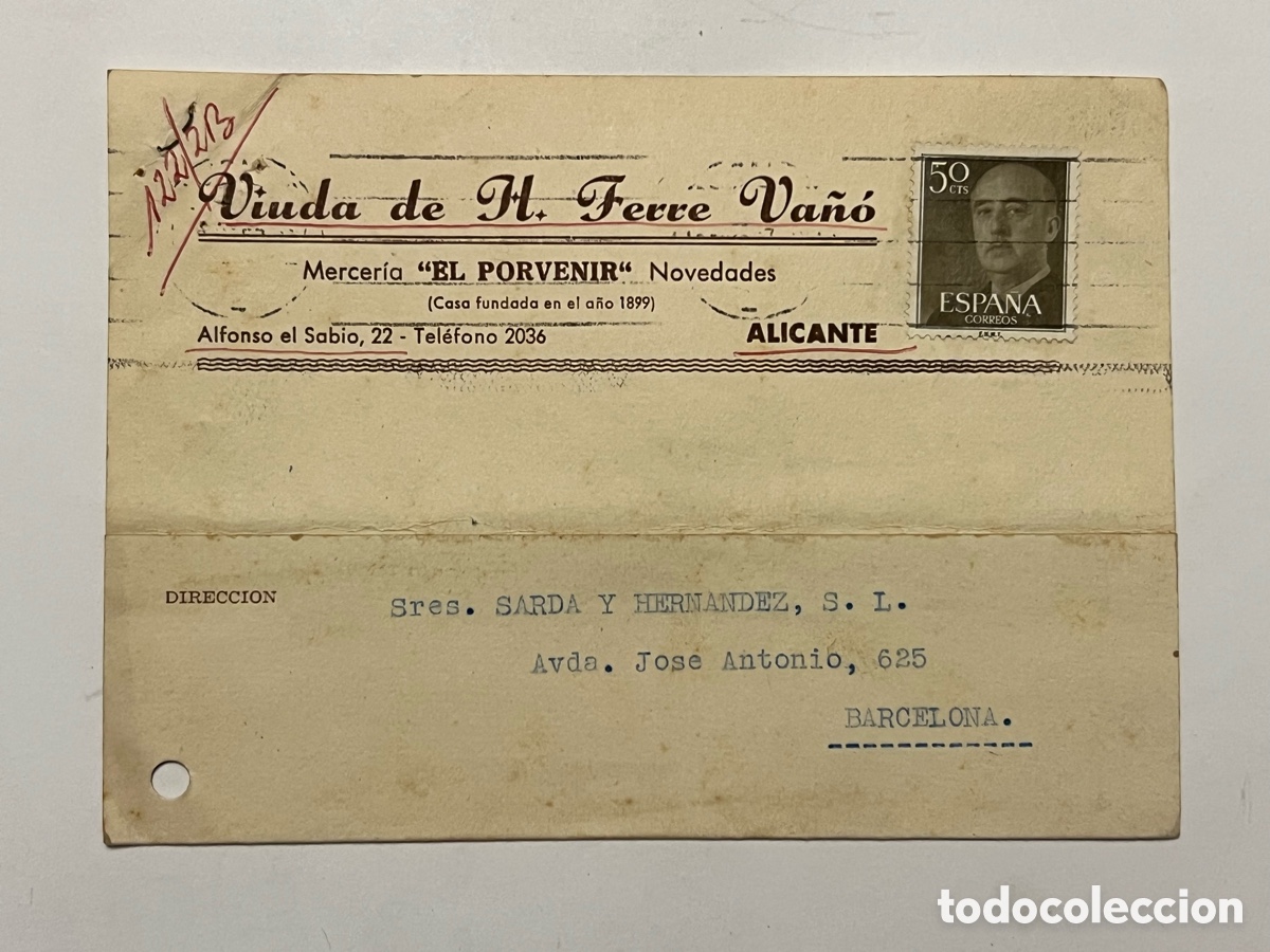 Sellos: ALICANTE Mercer&iacute;a El Porvenir - BARCELONA Tarjeta Postal. Respuesta comercial (a.1959)