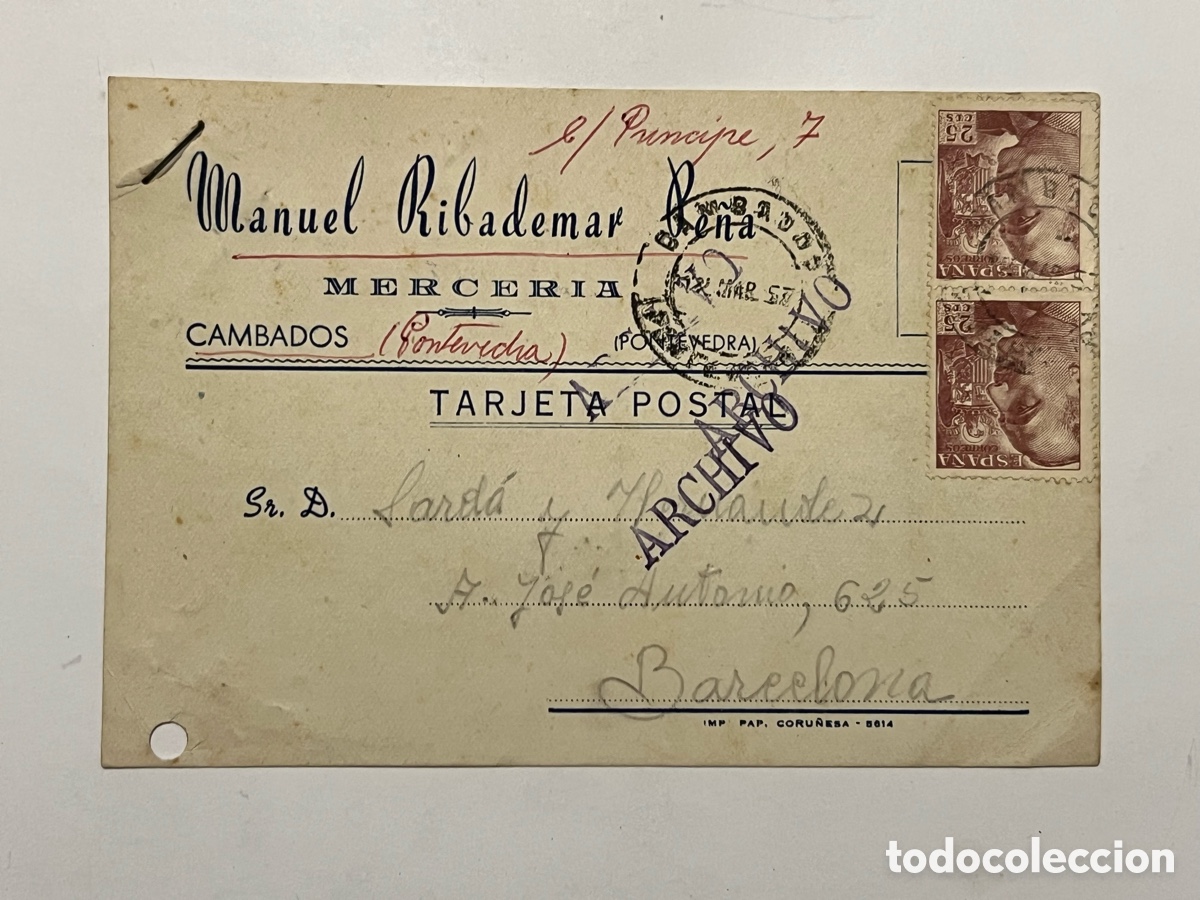 Sellos: CAMBADOS, Pontevedra - BARCELONA Tarjeta Postal. Respuesta comercial (a.1957) circulada