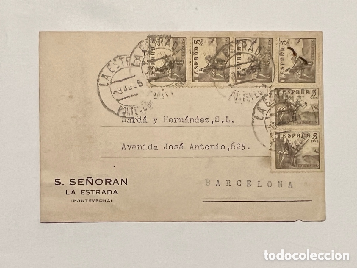 Sellos: LA ESTRADA, Pontevedra - BARCELONA Tarjeta Postal. Respuesta comercial (a.1955) circulada