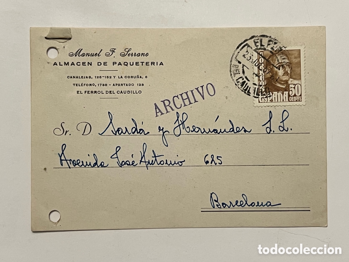 Sellos: EL FERROL DEL CAUDILLO - BARCELONA Tarjeta Postal. Respuesta comercial (a.1957) circulada