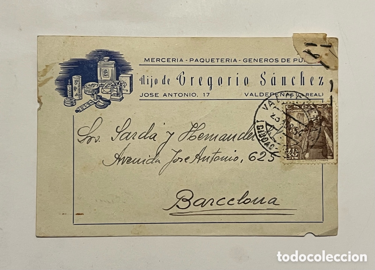 Sellos: VALDEPE&Ntilde;AS Ciudad Real - BARCELONA Tarjeta Postal. Respuesta comercial (a.1954) circulada