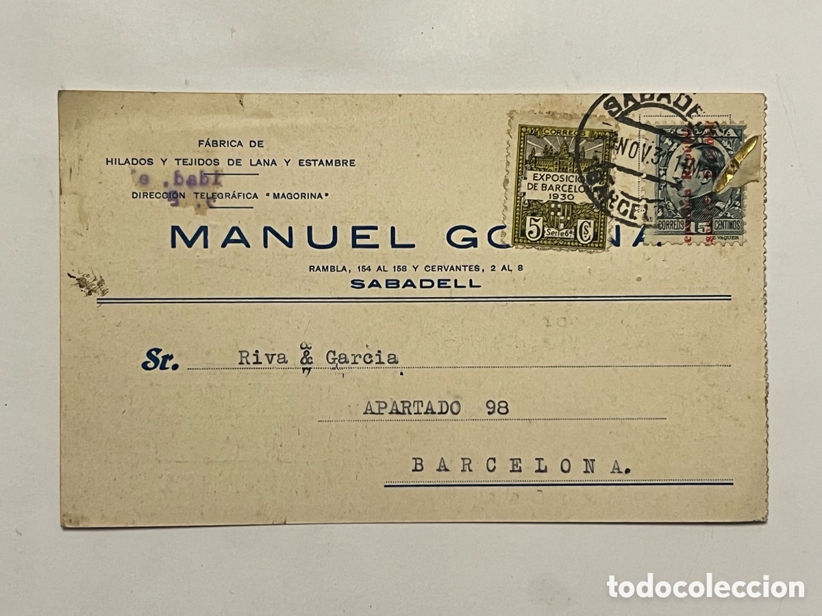 Sellos: F&aacute;brica de Hilados SABADELL - BARCELONA Tarjeta Postal. Respuesta comercial (a.1931) circulada