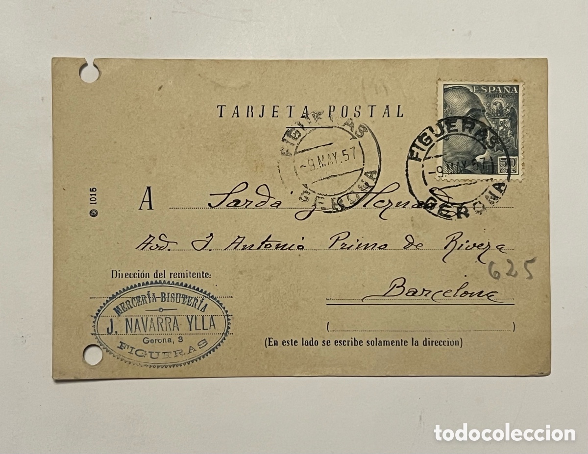 Sellos: MERCER&Iacute;A J. Navarra, FIGUERAS - BARCELONA Tarjeta Postal. Respuesta comercial (a.1957) circulada