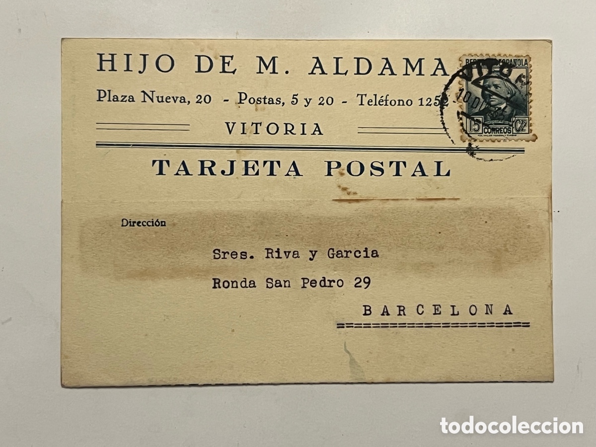 Sellos: HIJO DE M. ALDAMA, VITORIA-BARCELONA Tarjeta Postal. Respuesta comercial (a.1935) REPUBLICA