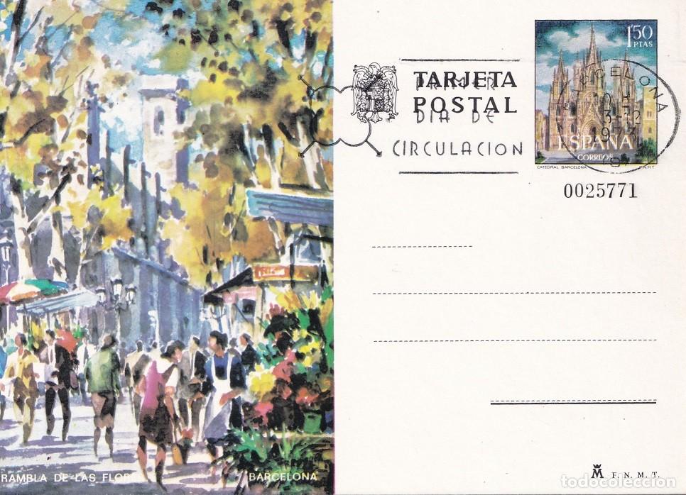 Sellos: Tarjeta entero postal Espa&ntilde;a Edifil 101 - Rambla de las Flores - Barcelona - Primer d&iacute;a circulaci&oacute;n