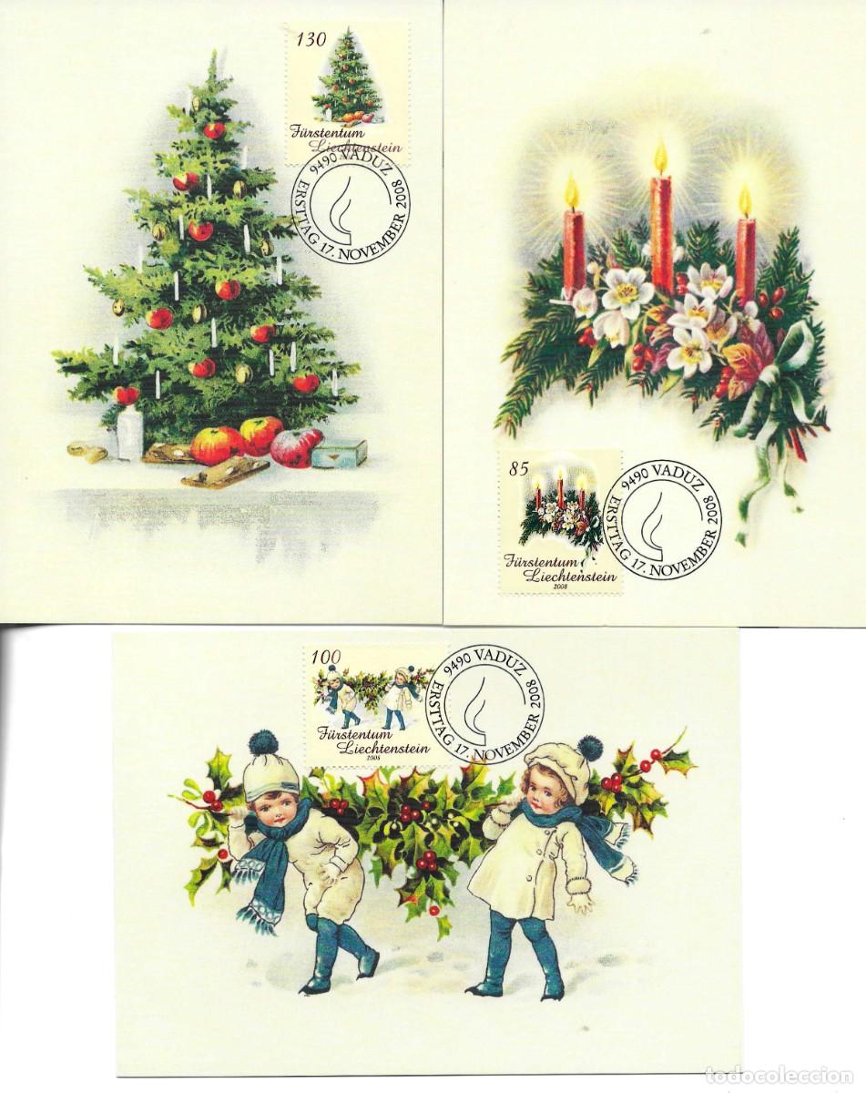 Sellos: Tarjetas M&aacute;ximas Liechtenstein. Navidad 2008. Tres tarjetas Serie MK 295. Emitidas 17 Nov 2008