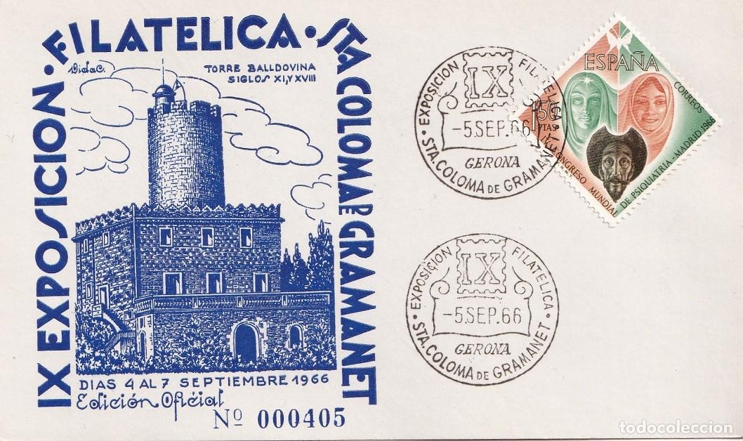 Sellos: Tarjeta Santa Coloma de Gramanet 1966 - IX Exposici&oacute;n filat&eacute;lica - Torre Balldovina siglos XI, XVIII