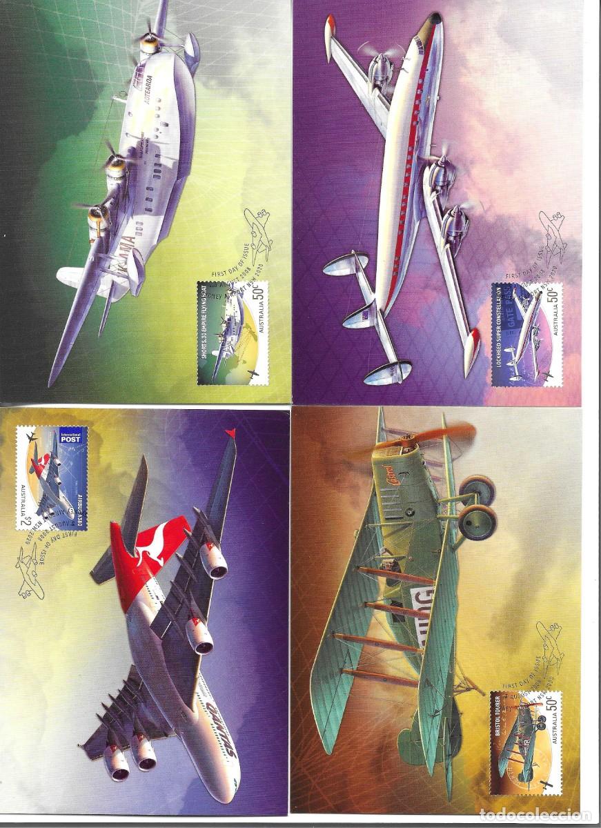 Sellos: Tarjetas M&aacute;ximas Australianas. Aviones famosos. Cutatro tarjetas emitidas Agosto 2008. 10,5 x 14 cms