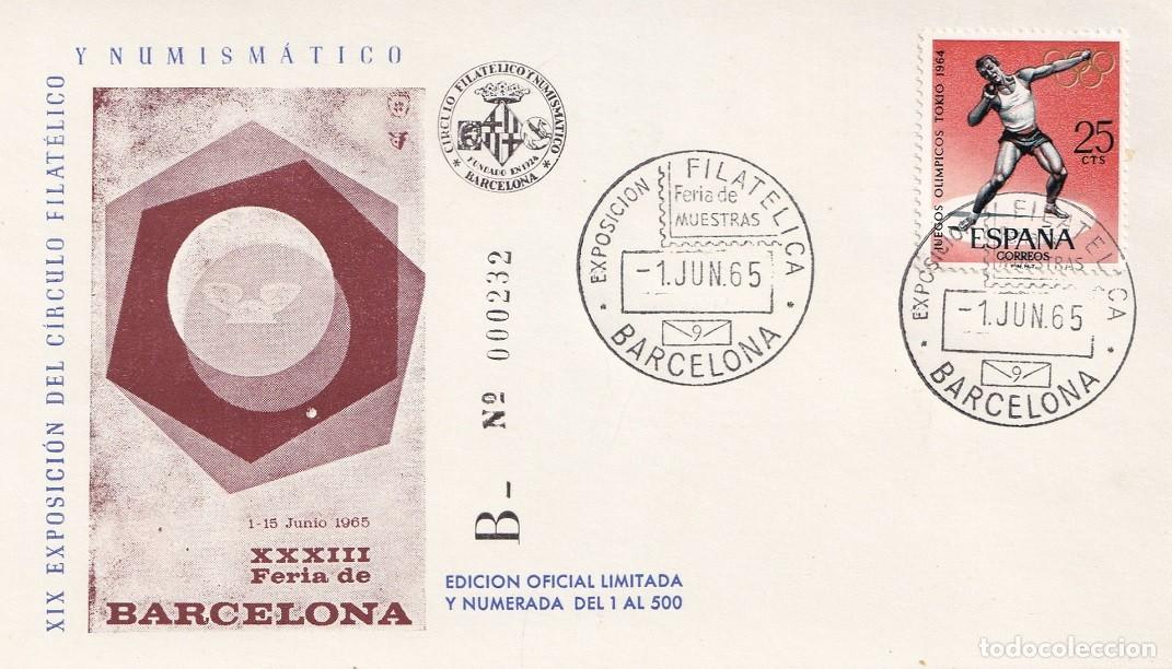 Sellos: Tarjeta Barcelona 1965 - XXXIII Feria de Barcelona - XIX Exposici&oacute;n c&iacute;rculo filat&eacute;lico y numism&aacute;tico