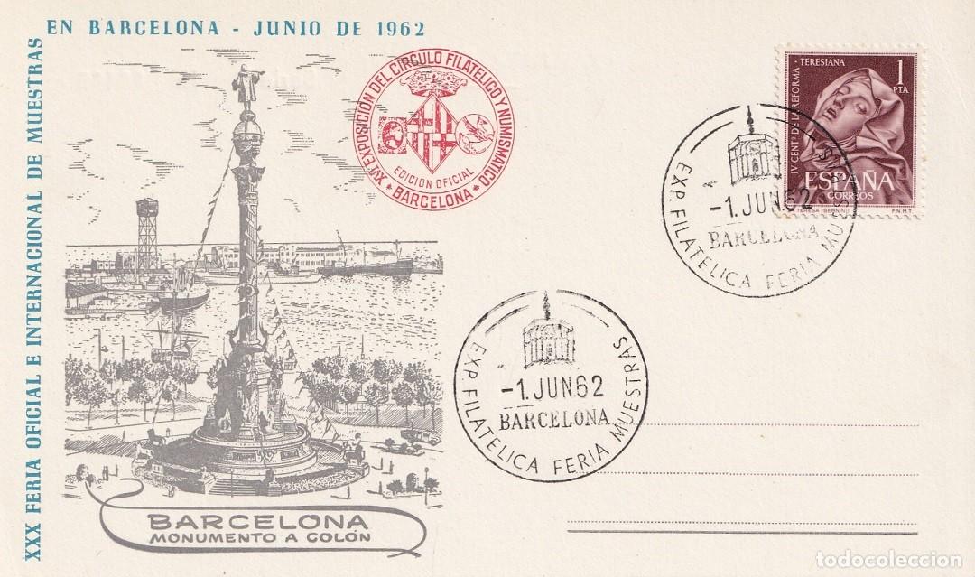 Sellos: Tarjeta Barcelona 1962 - XXX Feria Oficial e Internacional de Muestras en Barcelona Monumento Col&oacute;n