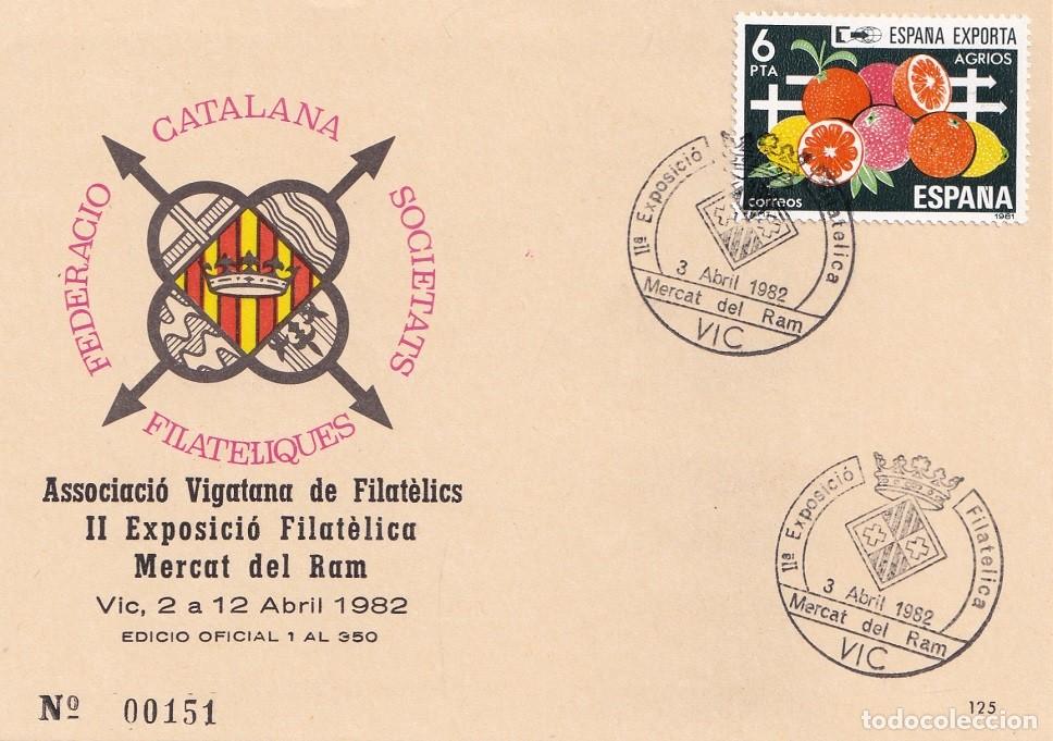 Sellos: Tarjeta Vic 1982 - Associaci&oacute; Vigatana de Filat&egrave;lics II Exposici&oacute; Filat&egrave;lica Mercat del Ram - N&ordm; 151