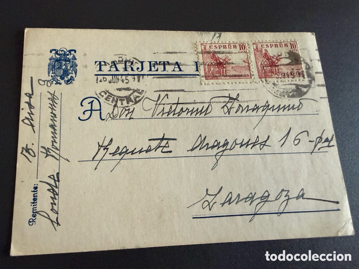 Sellos: Tarjeta Postal. 1945. Pareja de sellos