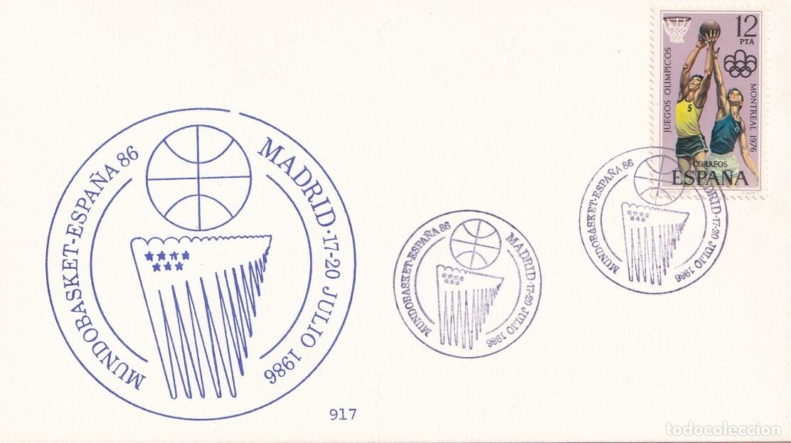 Sellos: Tarjeta Madrid 1986 - Mundobasket Espa&ntilde;a 86 - Basket - Baloncesto - Matasellos especiales