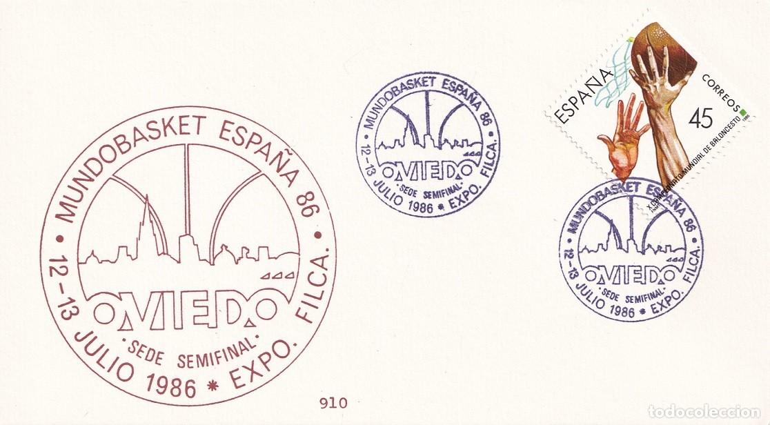 Sellos: Tarjeta Oviedo 1986 - Mundobasket Espa&ntilde;a 86 - Sede semifinal - Exposici&oacute;n filat&eacute;lica - Baloncesto
