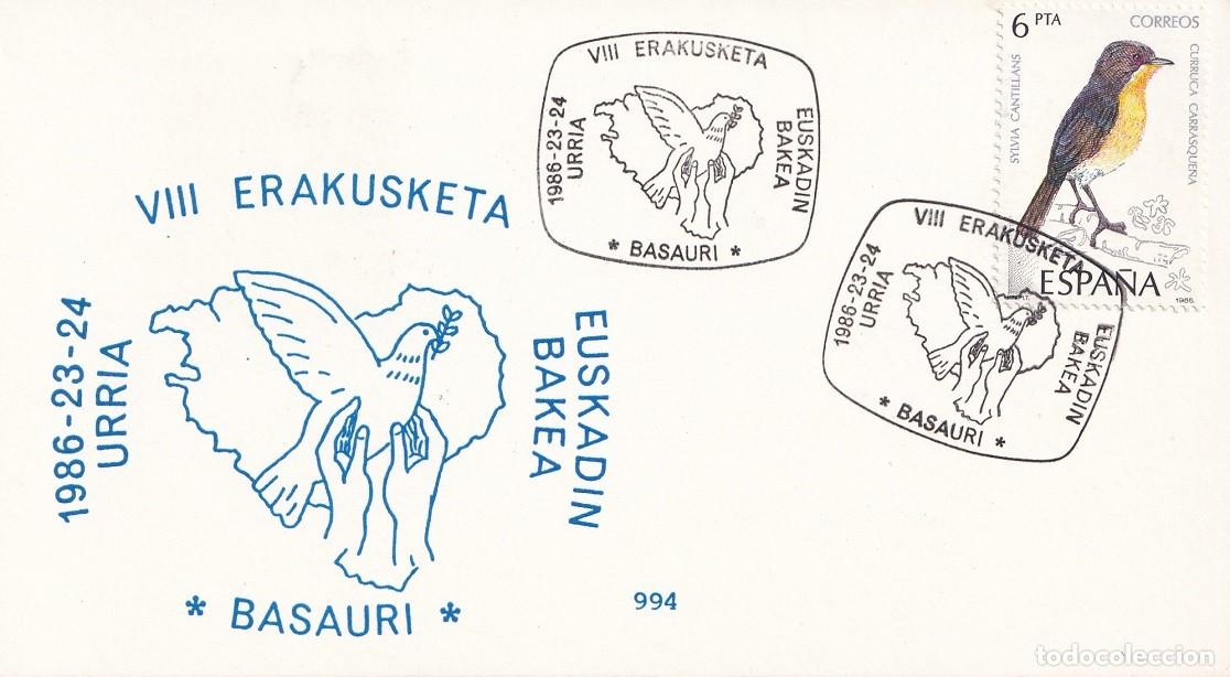 Sellos: Tarjeta Basauri 1986 Urria - VIII Erakusketa Euskadin Bakea - Matasellos especiales