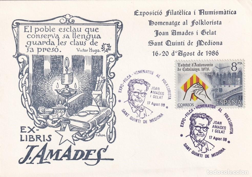Sellos: Tarjeta Sant Quinti de Mediona 1986 - Exposici&oacute; filca. homenatge al Folklorista Joan Amades i Gelat